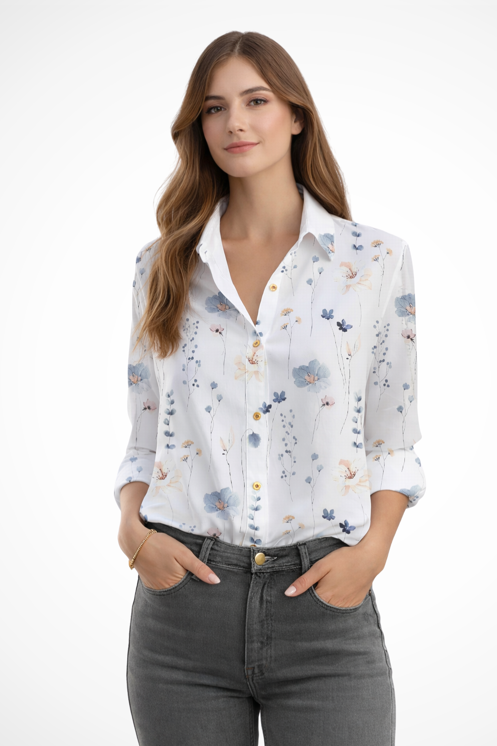 Florane | Women's Blouse - Floral Print Long Sleeve Top with Button-Down Design 0