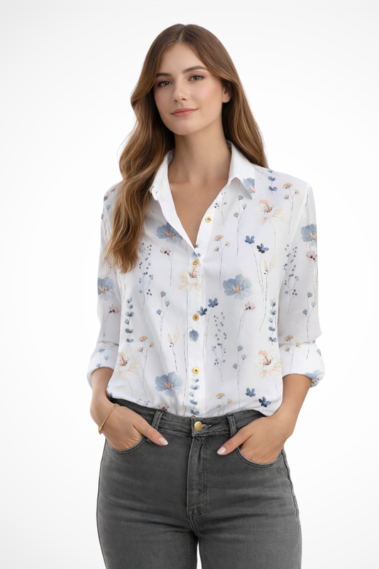 Florane | Women's Blouse - Floral Print Long Sleeve Top with Button-Down Design 0