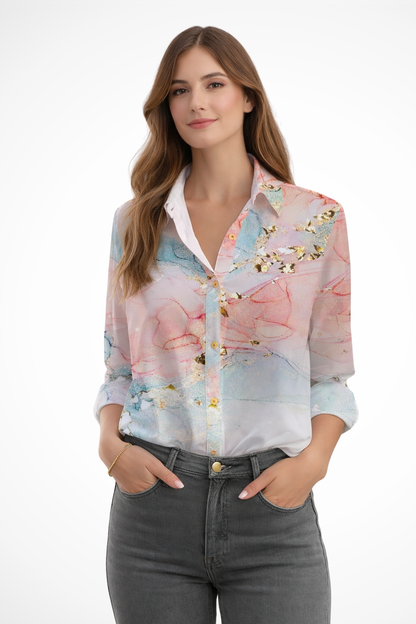 Florane | Women's Blouse - Floral Print Long Sleeve Top with Button-Down Design 1