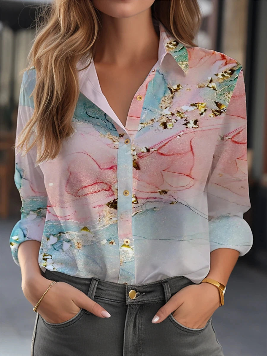 Florane | Women's Blouse - Floral Print Long Sleeve Top with Button-Down Design 4