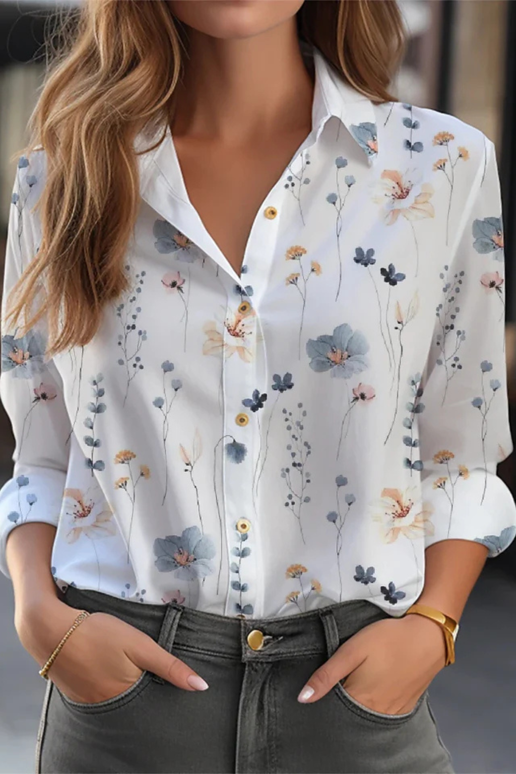 Florane | Women's Blouse - Floral Print Long Sleeve Top with Button-Down Design 6