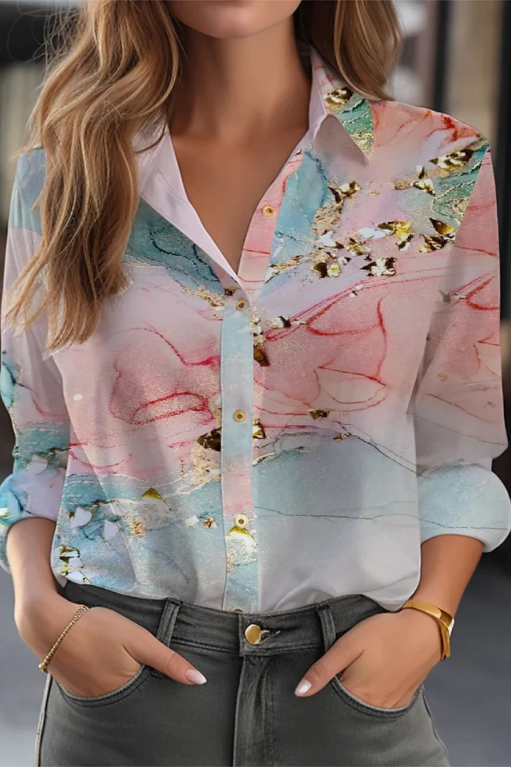 Florane | Women's Blouse - Floral Print Long Sleeve Top with Button-Down Design 7