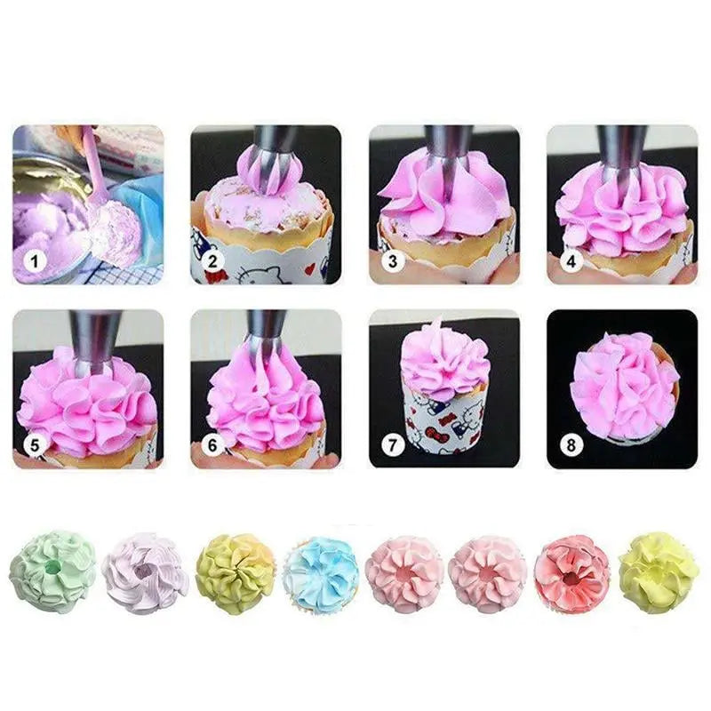 Flower Piping Nozzle Set Stainless Steel | 8 Nozzles, 2 Couplers, Reusable & Disposable Bags | Dishwasher Safe