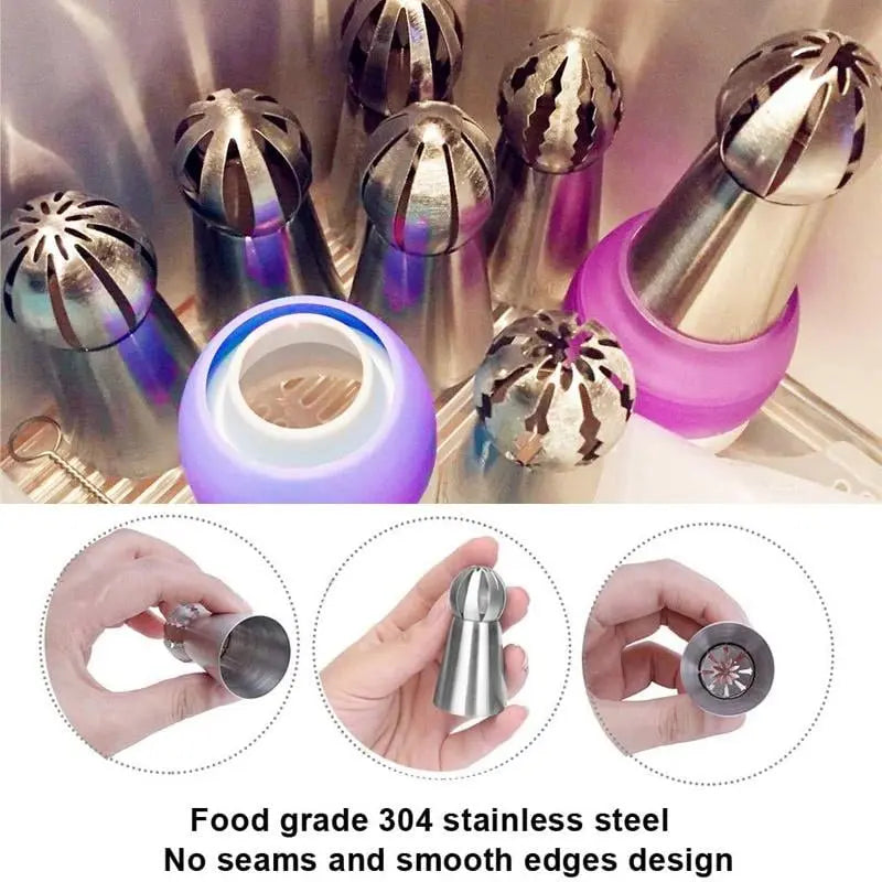 Flower Piping Nozzle Set Stainless Steel | 8 Nozzles, 2 Couplers, Reusable & Disposable Bags | Dishwasher Safe