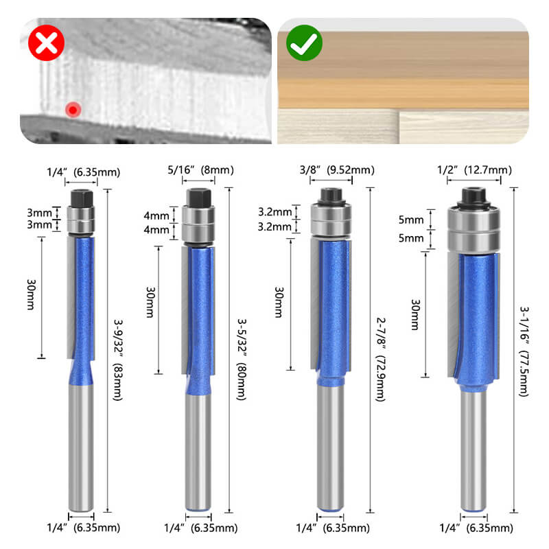 Flush Trim Router Bit Set 4 Pieces | Carbide Cutting Edge with Double Ball Bearing | Blue Nano-Coating for Longer Life