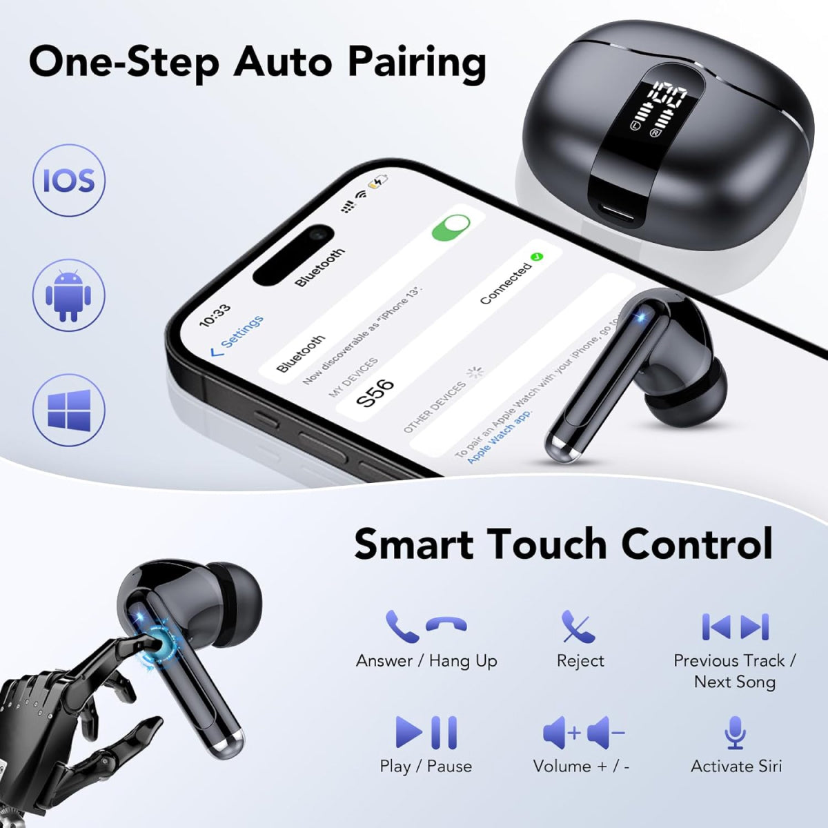 Wireless Earbuds Bluetooth 5.3 | IPX7 Waterproof, Noise Cancelling | 52-Hour Battery, LED Display, Wireless Charging Case 5