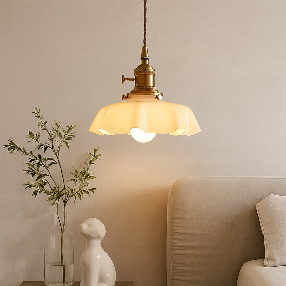 French style pendant light with scalloped cream glass shade 1