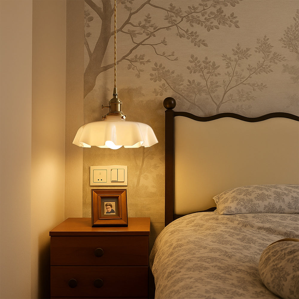 French style pendant light with scalloped cream glass shade 3