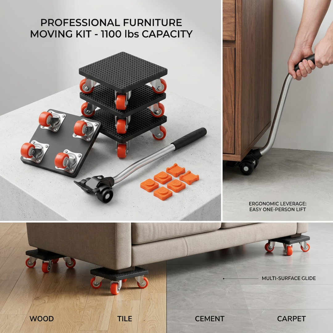 Furniture Moving Tool Set | Lever Bar & 360° Swivel Wheels | Lifts Up to 1,102 lbs Without Help or Floor Damage