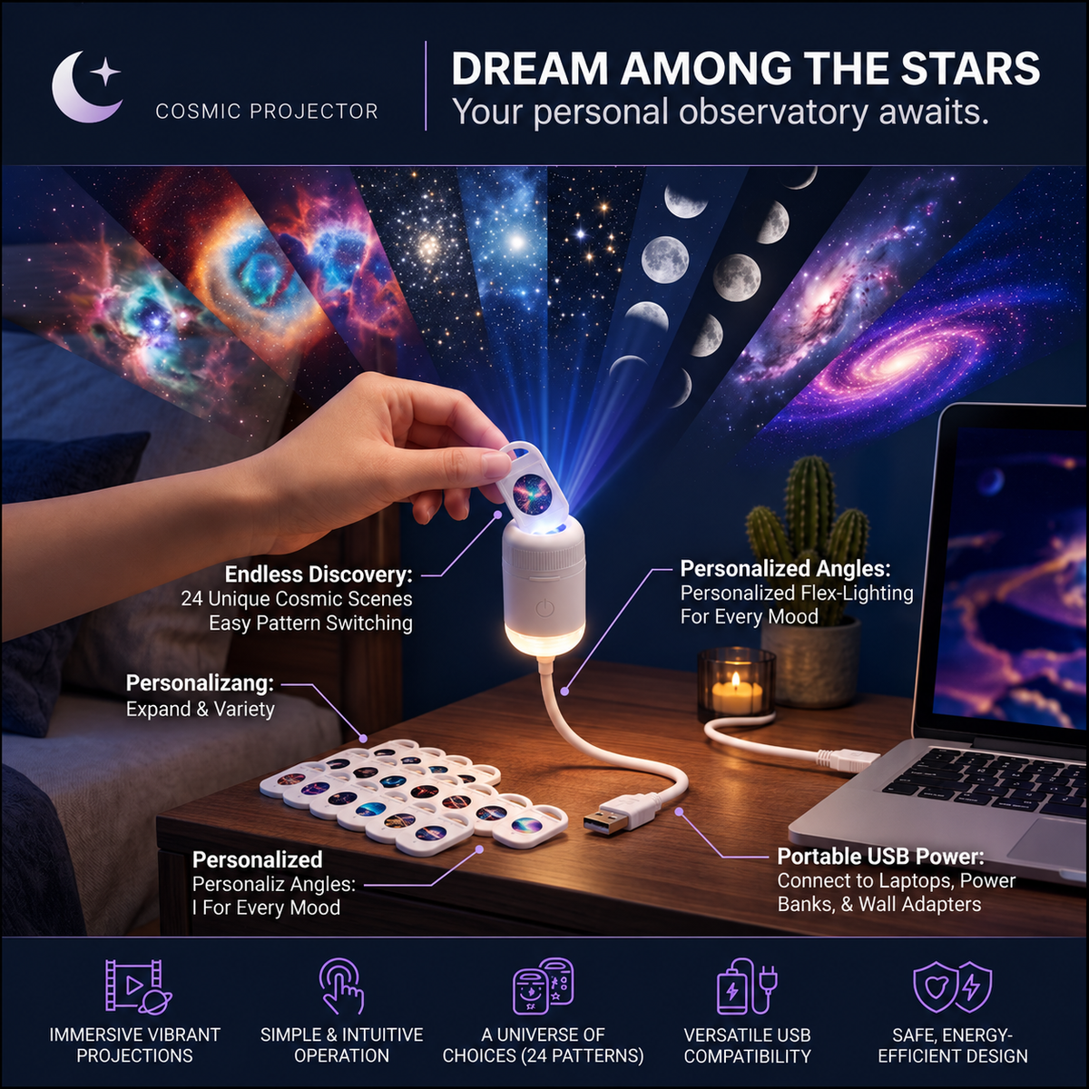 Galaxy Projector Light USB Powered ABS Gooseneck | Dual-Mode Star Light | Calming Ambiance for Sleep and Focus