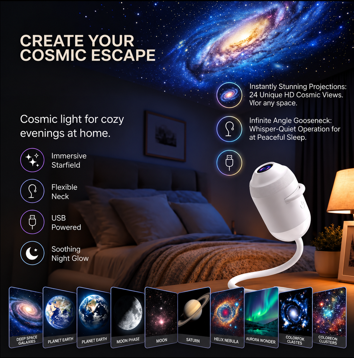 Galaxy Projector Light USB Powered ABS Gooseneck | Dual-Mode Star Light | Calming Ambiance for Sleep and Focus
