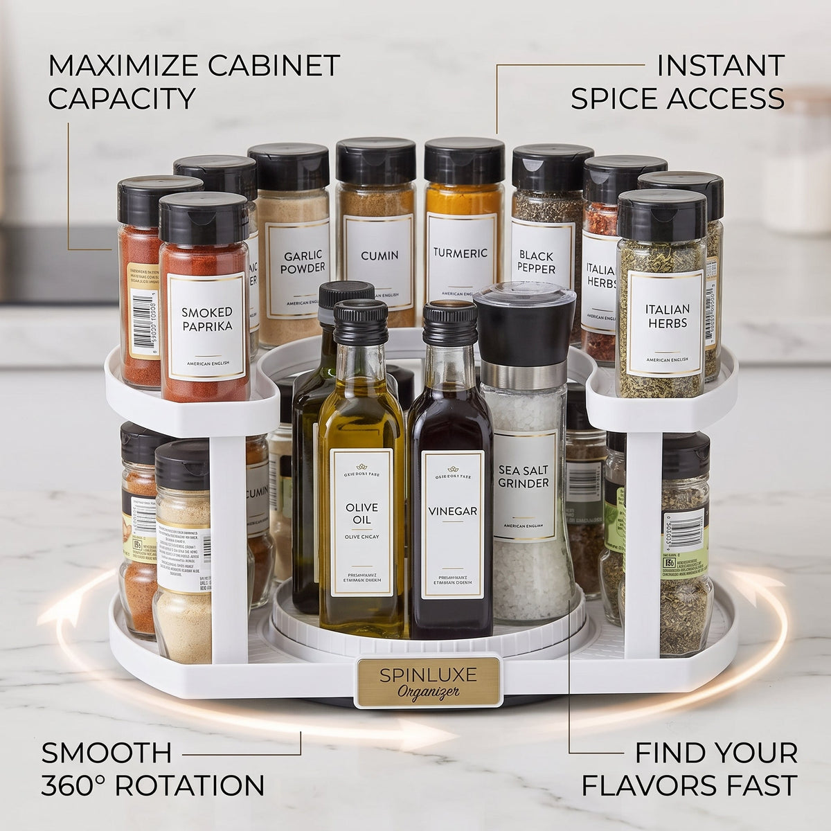 Rotating Spice Rack Organizer Wipe-Clean Plastic | Dual Turntable Tiered Design | Saves Counter Space, Reduces Spills 1