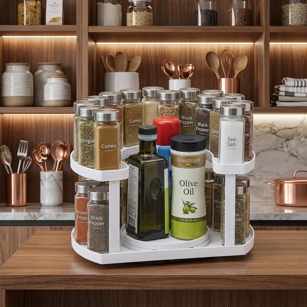 Rotating Spice Rack Organizer Wipe-Clean Plastic | Dual Turntable Tiered Design | Saves Counter Space, Reduces Spills 2