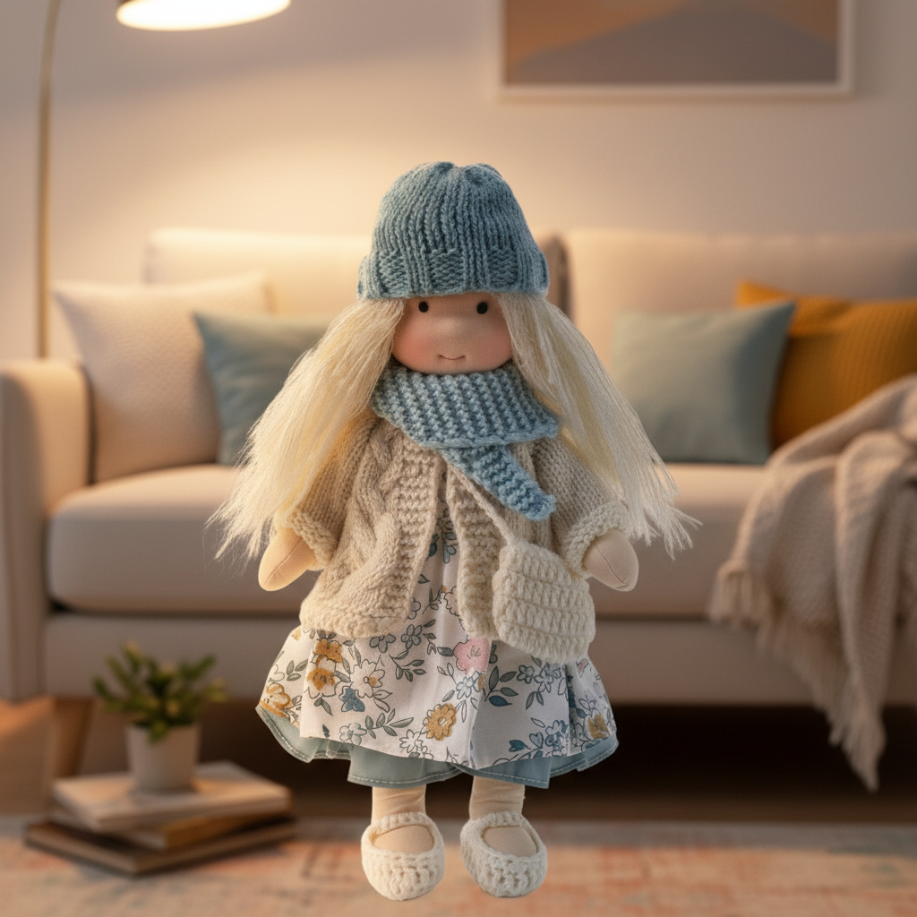 Handmade Waldorf Doll, Cotton & Plush, 28 cm | Minimalist Face for Imaginative Play | Sturdy Plastic Head, Cuddly Body 38