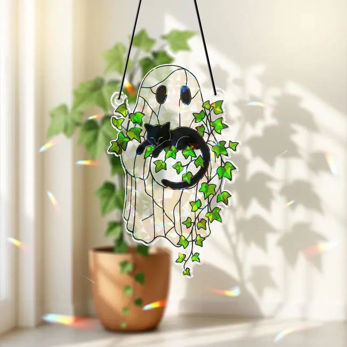 Ghost Acrylic Suncatcher Halloween Window Hanging | Black Cat & Green Leaf Design | Light-Catching Reusable Décor