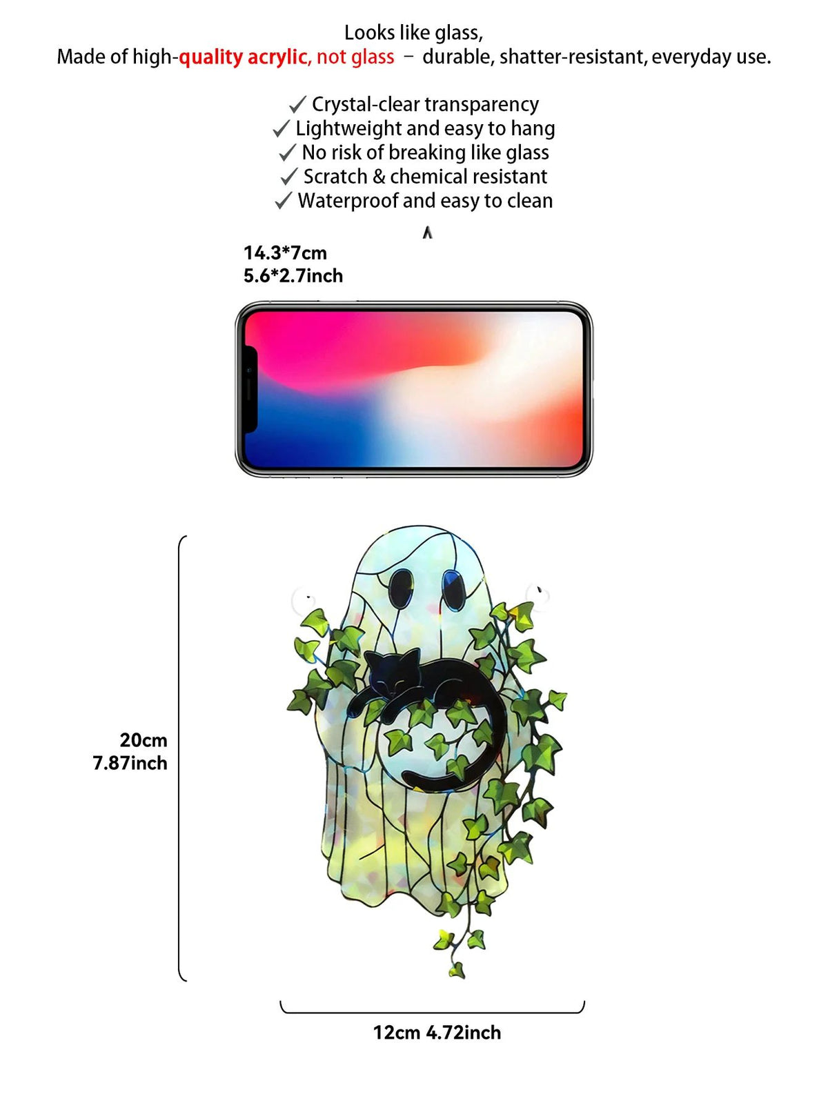 Ghost Acrylic Suncatcher Halloween Window Hanging | Black Cat & Green Leaf Design | Light-Catching Reusable Décor
