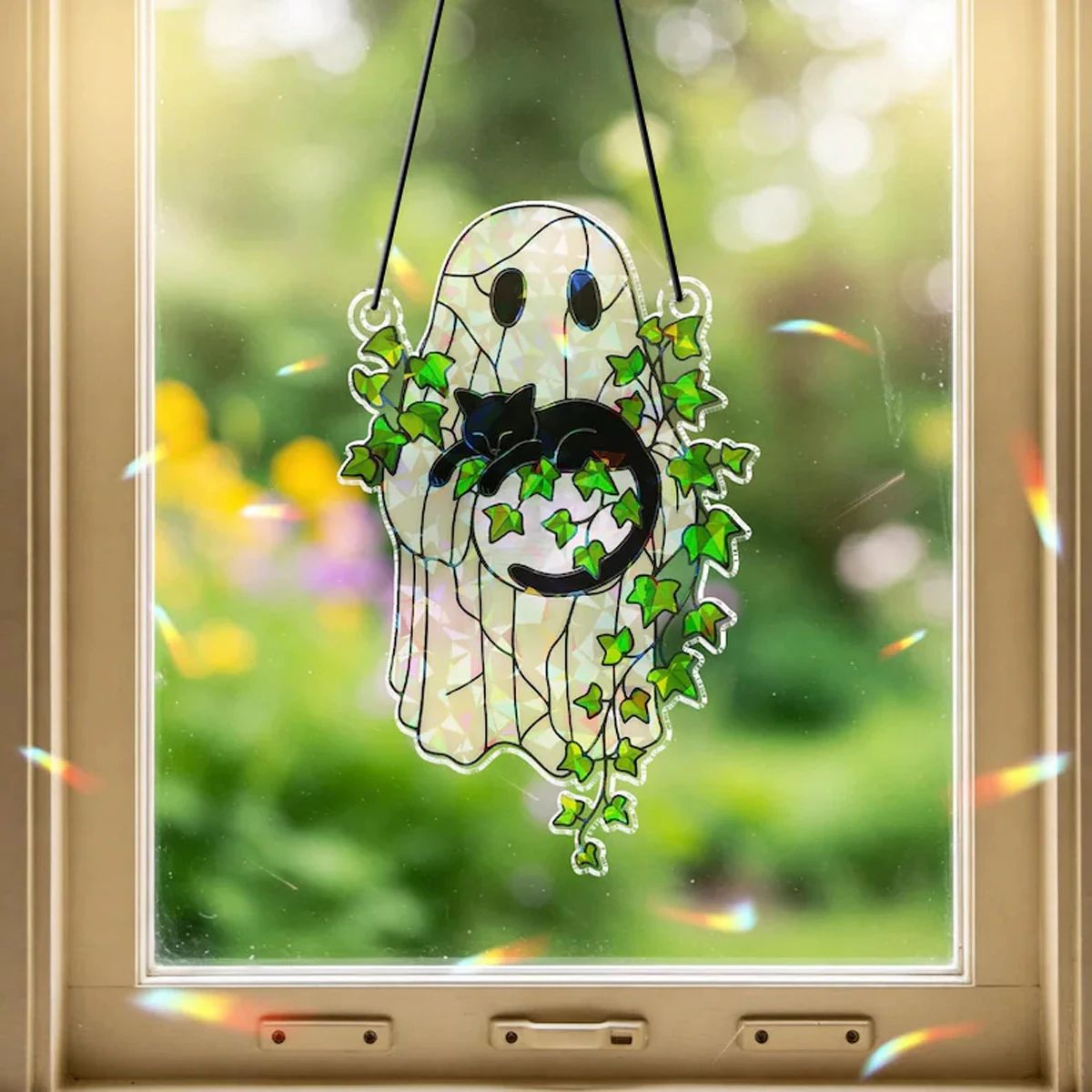 Ghost Acrylic Suncatcher Halloween Window Hanging | Black Cat & Green Leaf Design | Light-Catching Reusable Décor
