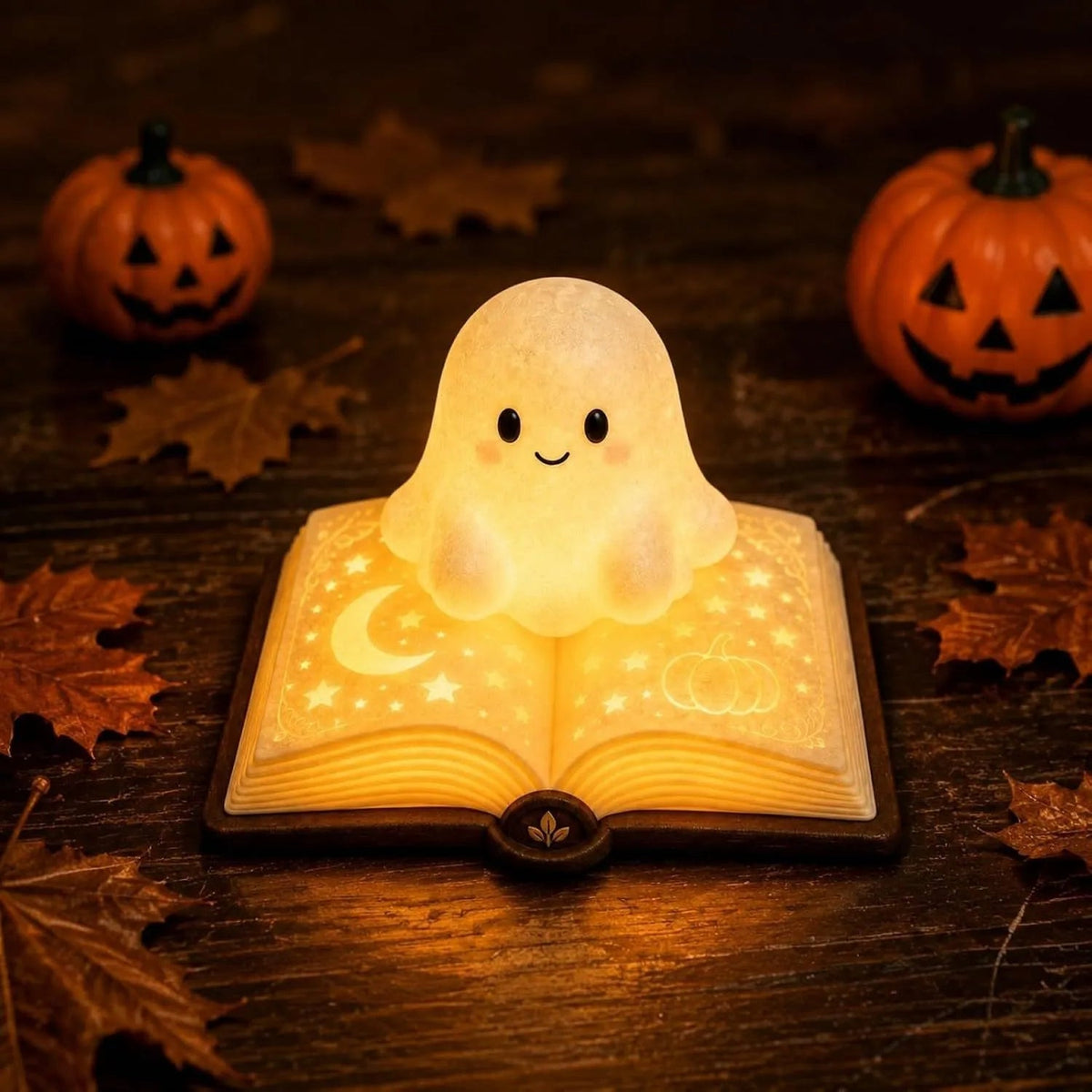 Ghost Lamp | Open Book Base, Lit Star And Moon Pages
