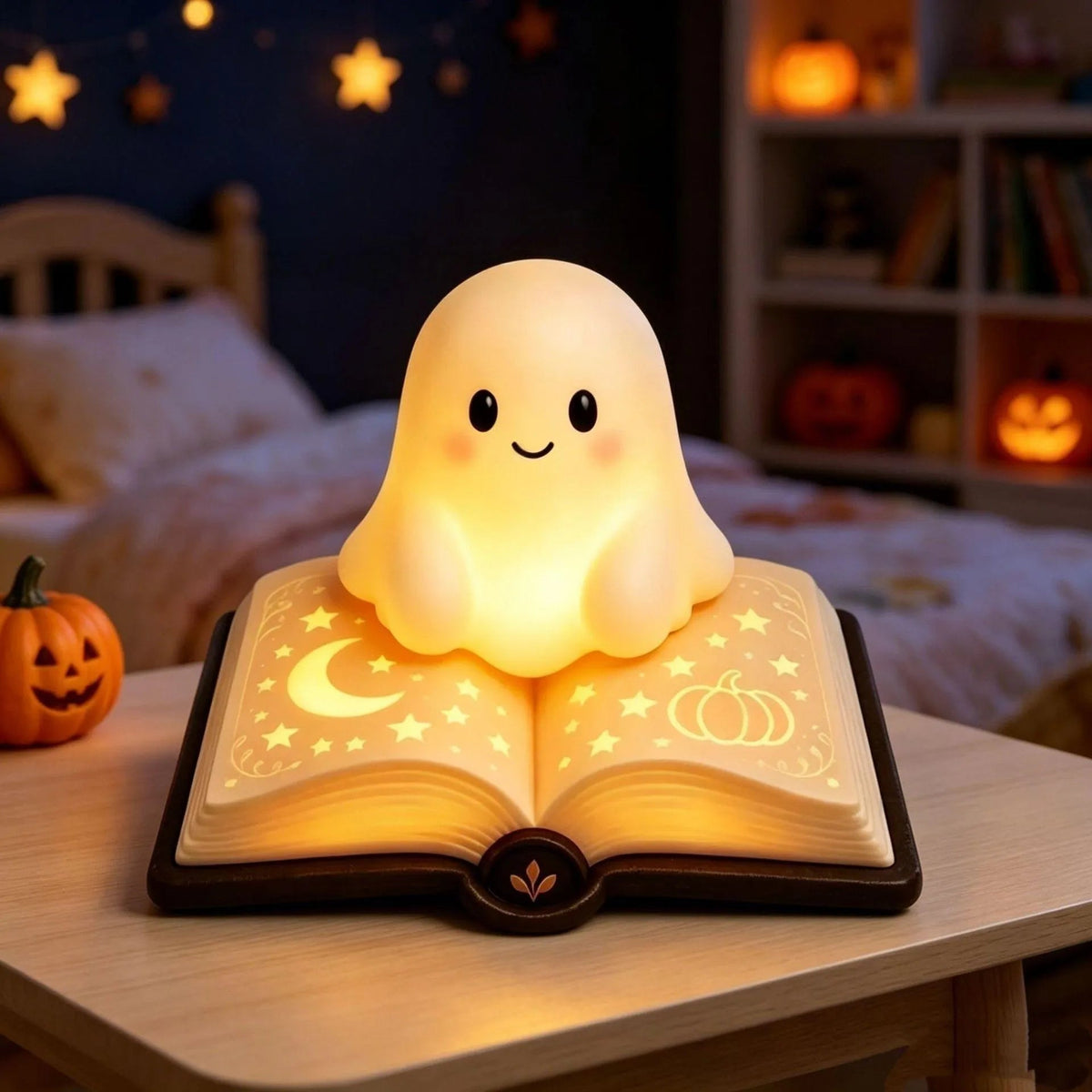 Ghost Lamp | Open Book Base, Lit Star And Moon Pages