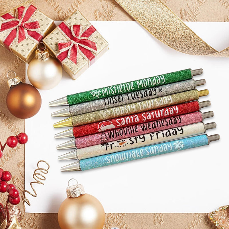 Glitter Ballpoint Pen Set for Christmas | 7-Pen Weekly Set with Daily Designs | Metal Build with Stainless Steel Tip
