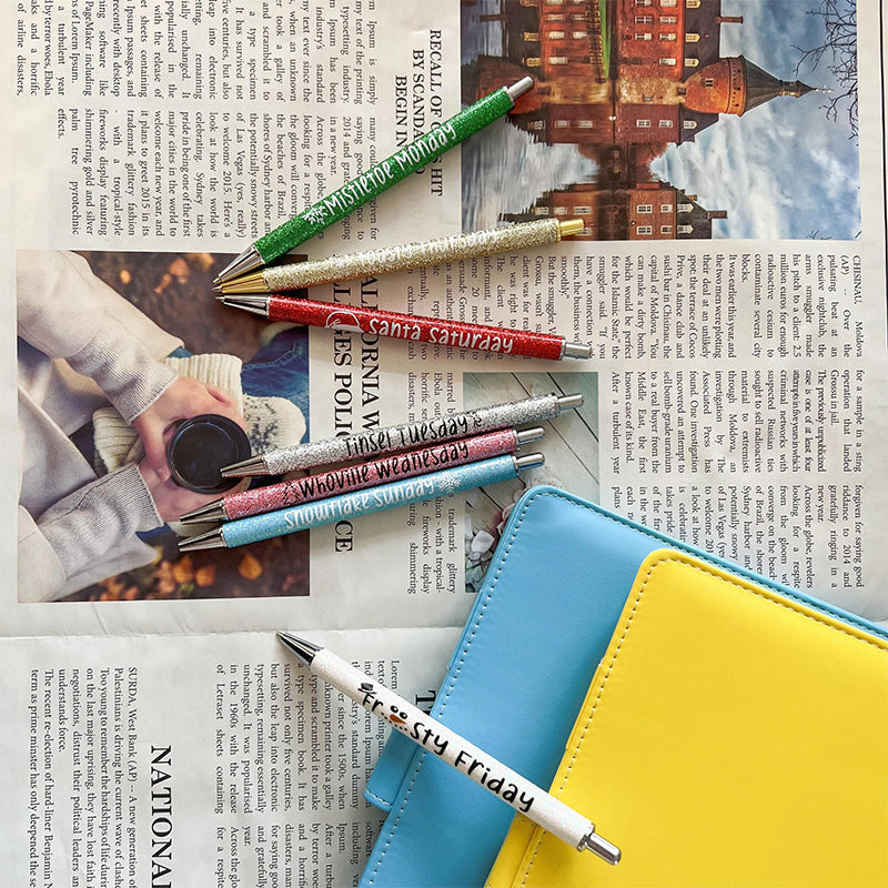 Glitter Ballpoint Pen Set for Christmas | 7-Pen Weekly Set with Daily Designs | Metal Build with Stainless Steel Tip