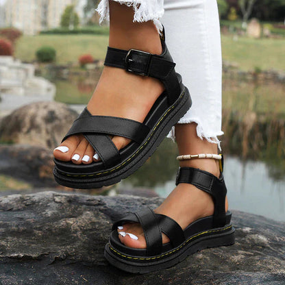 Grace | Women's Flat Sandals with Cross-Strap Design - Cushioned Vegan Leather 0
