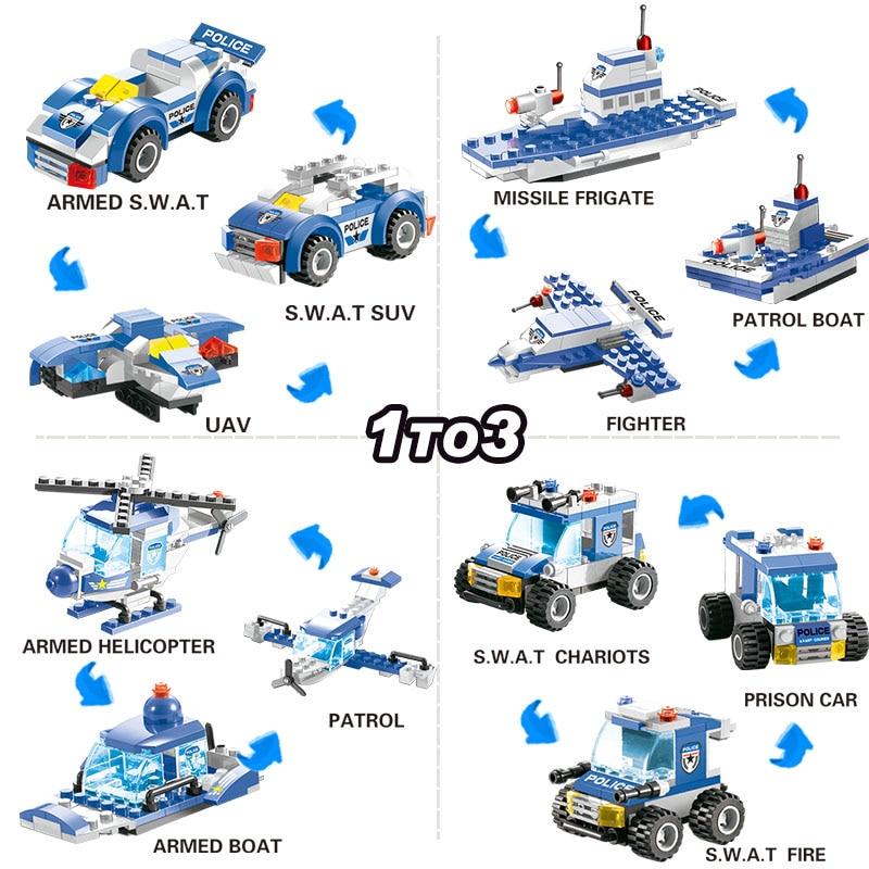 Building Block Police Truck Set 8-in-1 | SWAT Cars, Tanks, Helicopter Shapes | 647 Self-Locking Plastic Bricks, Compatible Design 7