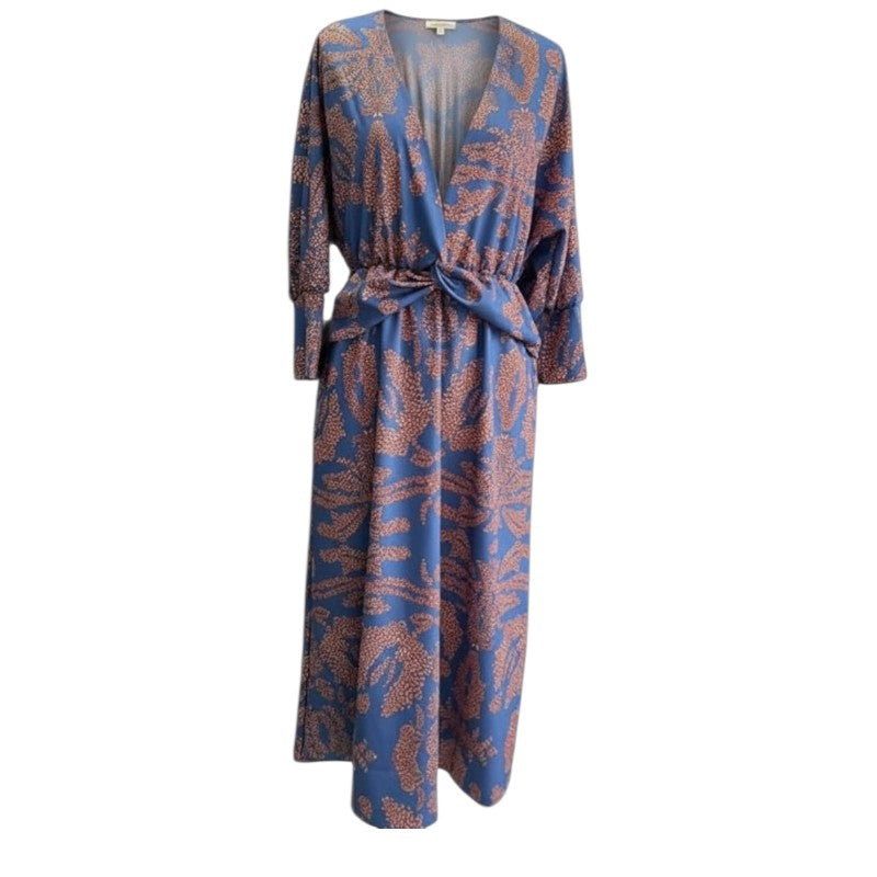 AbstractPrint | Long Sleeve Midi Dress with Twist-Front Design - V-Neck Style