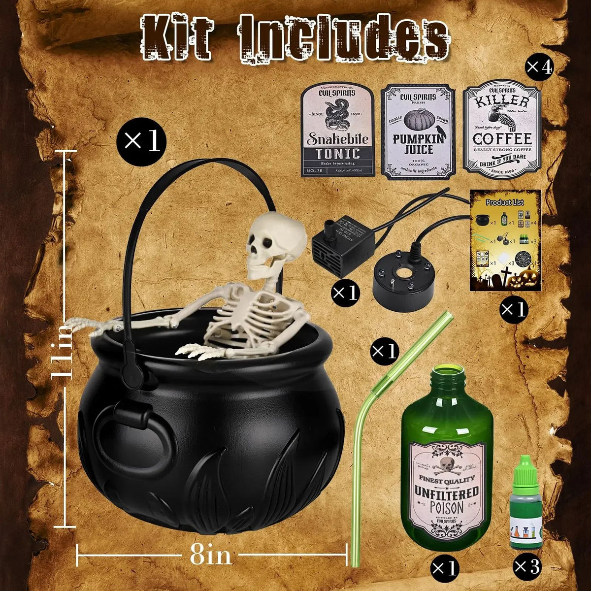 Halloween Witch Cauldron Fog Maker | LED Skeleton Mist Effect | Reusable Glowing Potion Decoration for Parties & Displays
