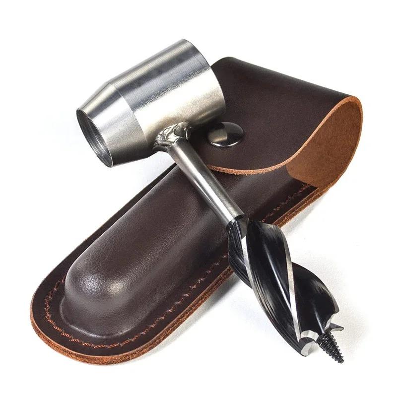 Hand Auger Wrench Carbon Steel | 1 Inch Wood Auger Drill Bit with Peg Maker | Leather Sheath Included for Bushcraft Camping