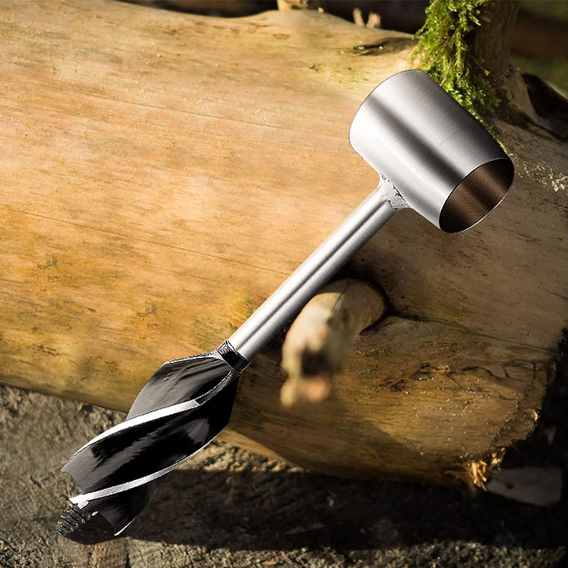 Hand Auger Wrench Carbon Steel | 1 Inch Wood Auger Drill Bit with Peg Maker | Leather Sheath Included for Bushcraft Camping