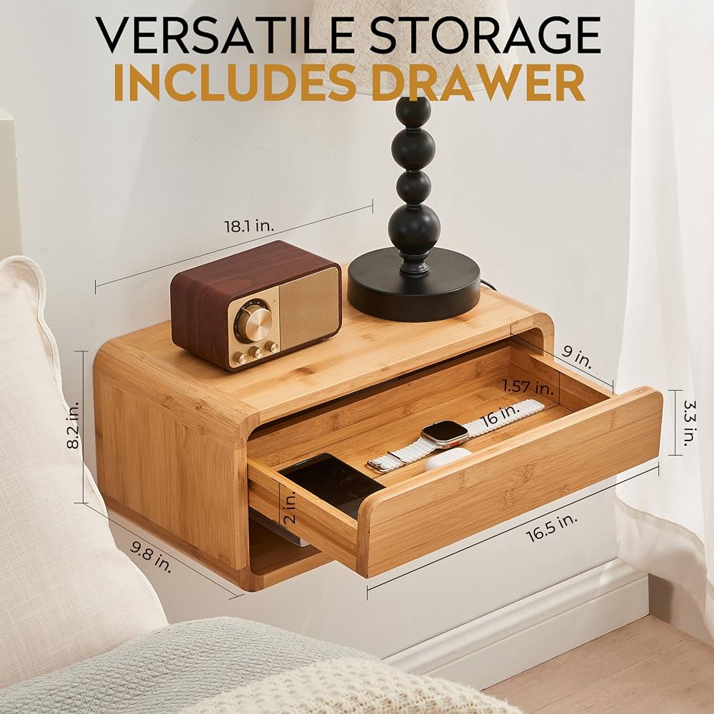 Hanging Nightstands | Acacia Wood Floating Bedside Shelves Set of 2
