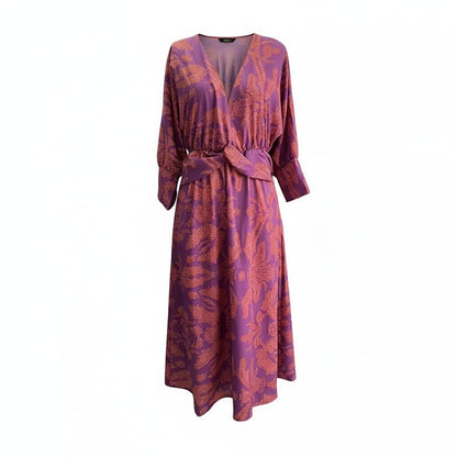AbstractPrint | Long Sleeve Midi Dress with Twist-Front Design - V-Neck Style