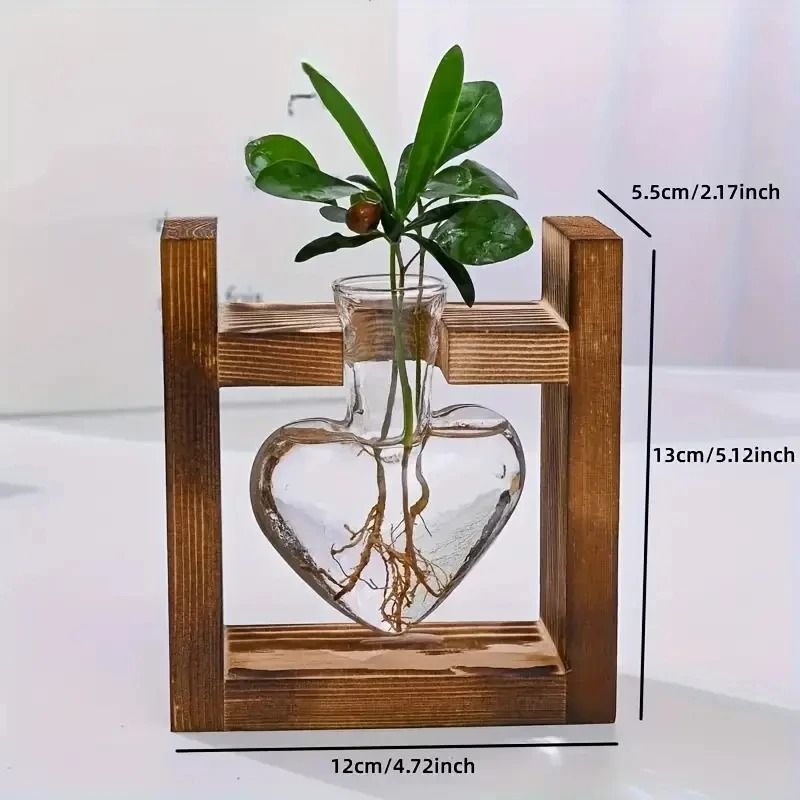 Heart Shaped Glass Vase with Wooden Frame | Hydroponic Propagation Stand for Cuttings | Clear Design Shows Root Growth