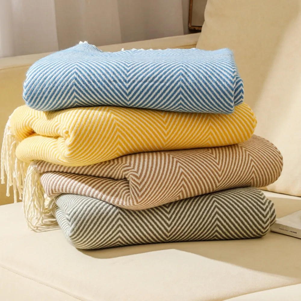 Herringbone Throw Blanket 100% Cotton | Fringed Tweed Weave | Blue, Grey, Khaki or Yellow, Soft Sofa & Bed Cover
