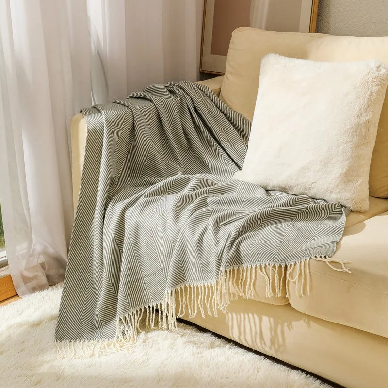 Herringbone Throw Blanket 100% Cotton | Fringed Tweed Weave | Blue, Grey, Khaki or Yellow, Soft Sofa & Bed Cover