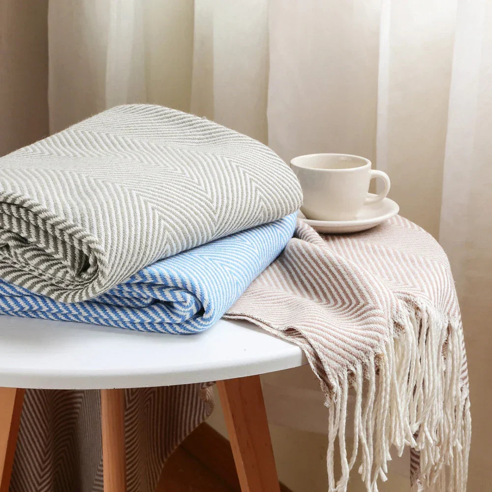 Herringbone Throw Blanket 100% Cotton | Fringed Tweed Weave | Blue, Grey, Khaki or Yellow, Soft Sofa & Bed Cover