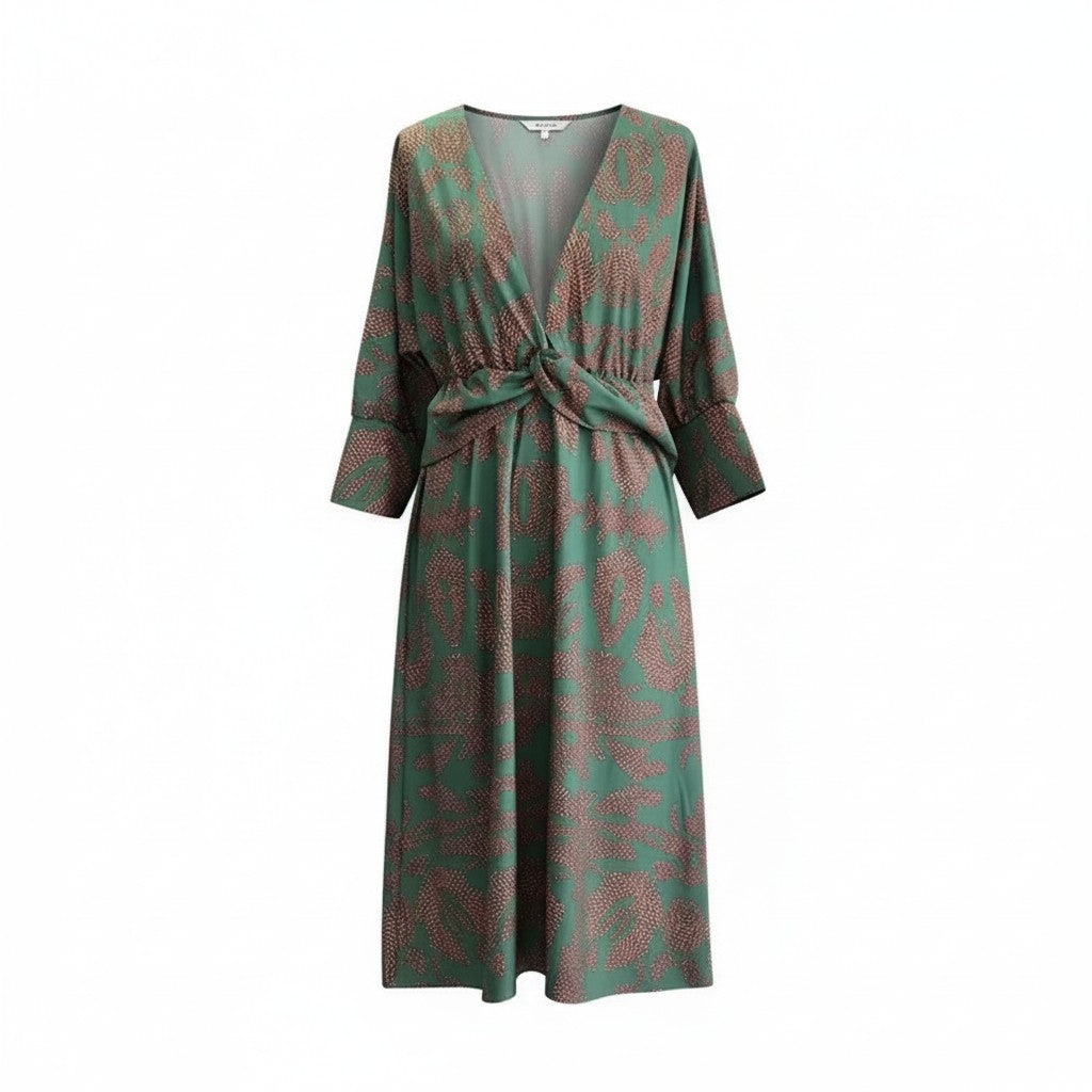 AbstractPrint | Long Sleeve Midi Dress with Twist-Front Design - V-Neck Style