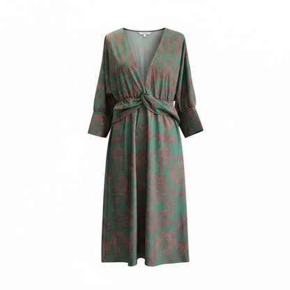 AbstractPrint | Long Sleeve Midi Dress with Twist-Front Design - V-Neck Style
