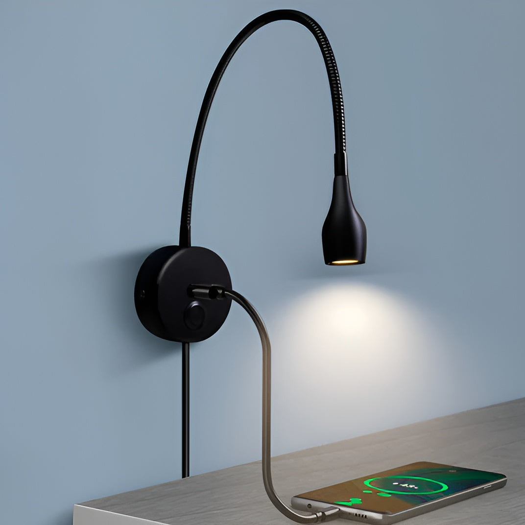 LED Wall Reading Lamp with Flexible Gooseneck | Black, 150 x 150 x 50 mm | USB Charging Port, 3 Light Colours Available 1