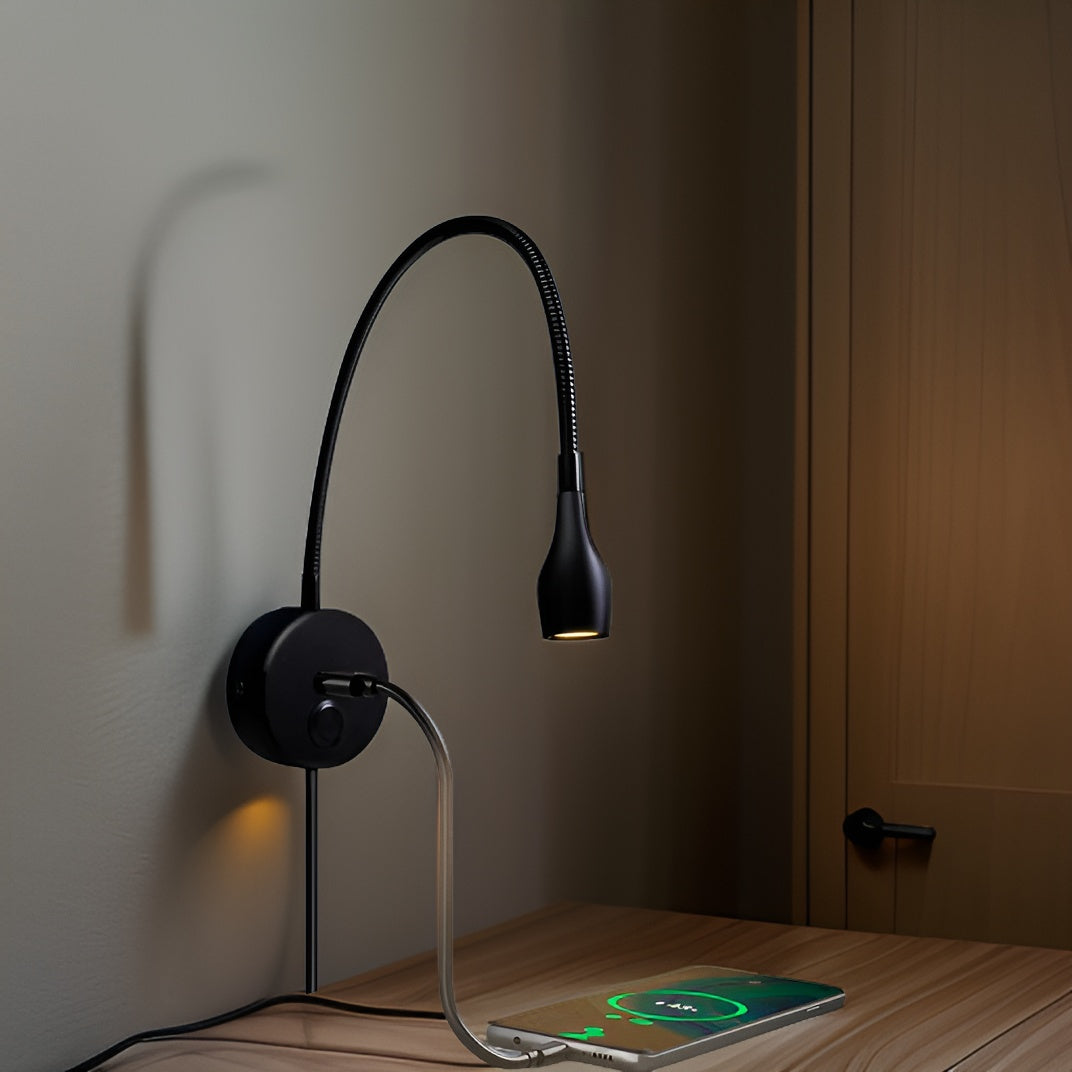 LED Wall Reading Lamp with Flexible Gooseneck | Black, 150 x 150 x 50 mm | USB Charging Port, 3 Light Colours Available 3