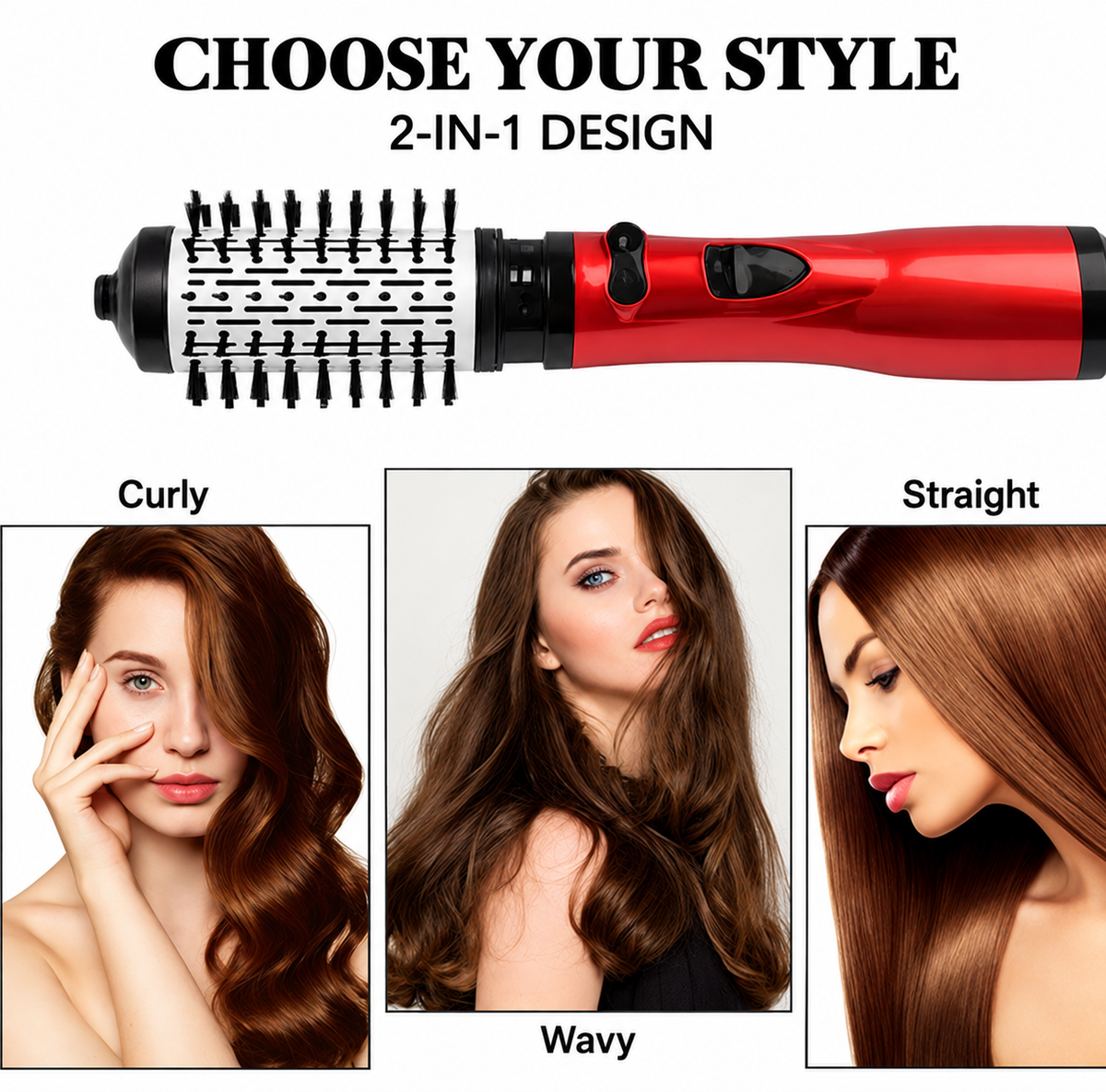 Hot Air Styling Brush 3-in-1 | 1000 W Hair Dryer, Smoother & Curler | Anti-Static, Non-Slip Handle, Dual Voltage