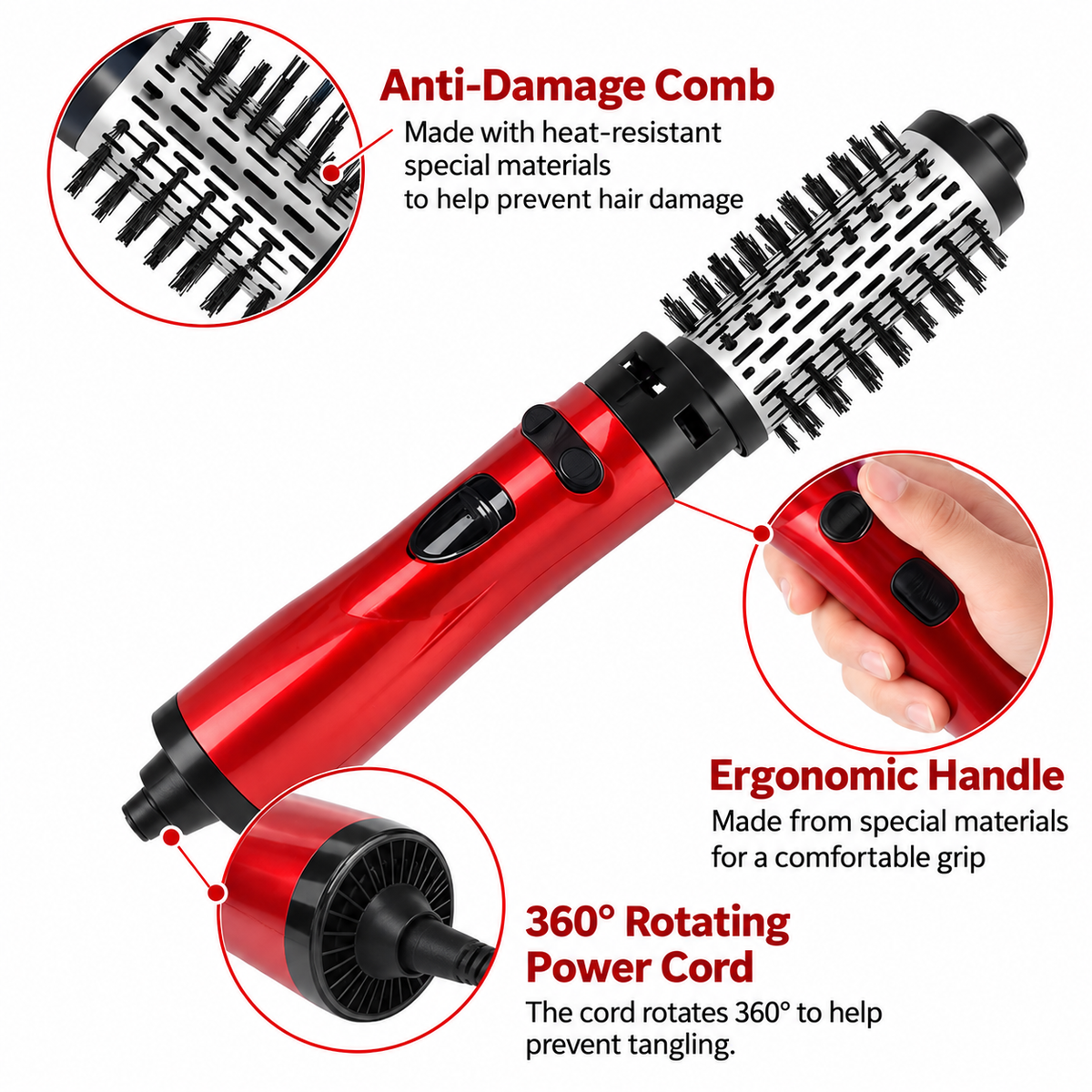 Hot Air Styling Brush 3-in-1 | 1000 W Hair Dryer, Smoother & Curler | Anti-Static, Non-Slip Handle, Dual Voltage