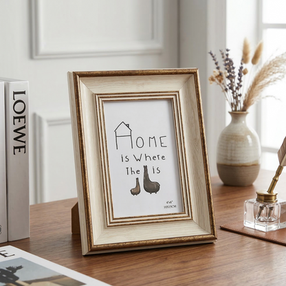 Framed print with 'Home is Where the Heart Is' quote on a wooden surface.