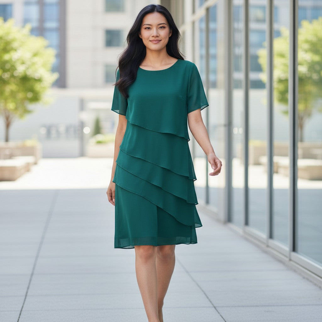 Woman wearing a green dress standing in an outdoor urban setting.
