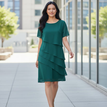 Woman wearing a green dress standing in an outdoor urban setting.