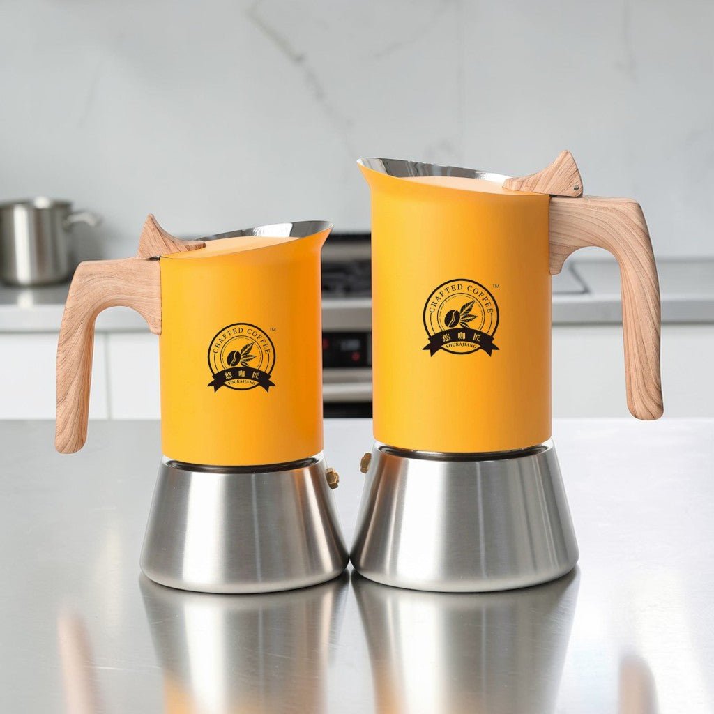 Induction Moka Pot Coffee Maker – Stainless Steel Matte Yellow Finish