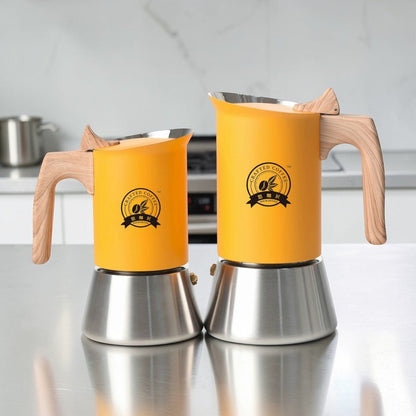 Induction Moka Pot Coffee Maker – Stainless Steel Matte Yellow Finish