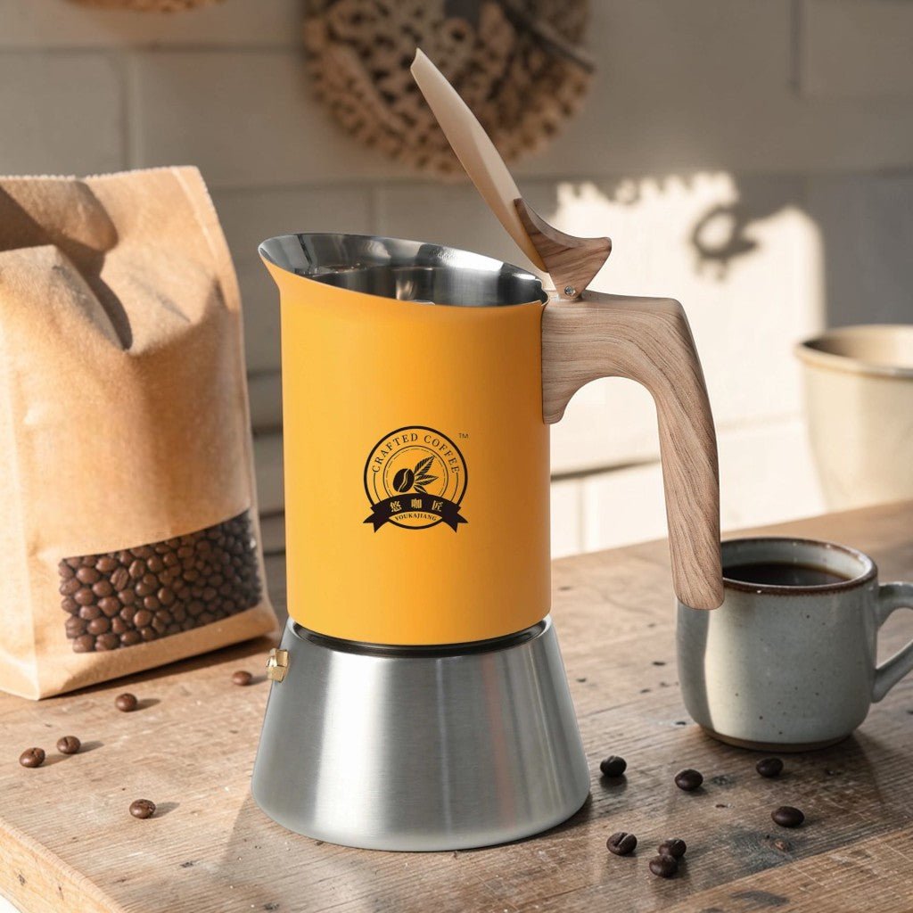 Induction Moka Pot Coffee Maker – Stainless Steel Matte Yellow Finish