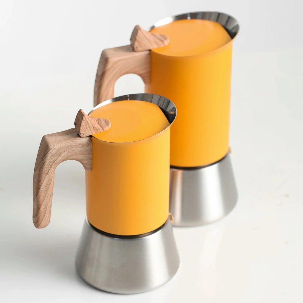 Induction Moka Pot Coffee Maker – Stainless Steel Matte Yellow Finish
